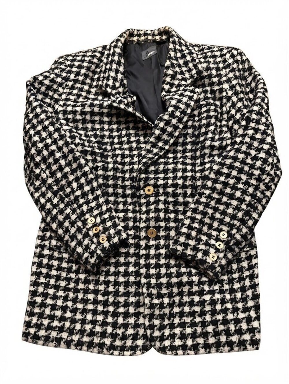 Liz Wear Black White Houndstooth Tweed Blazer Jacket Wool Blend 6P Petite Gold